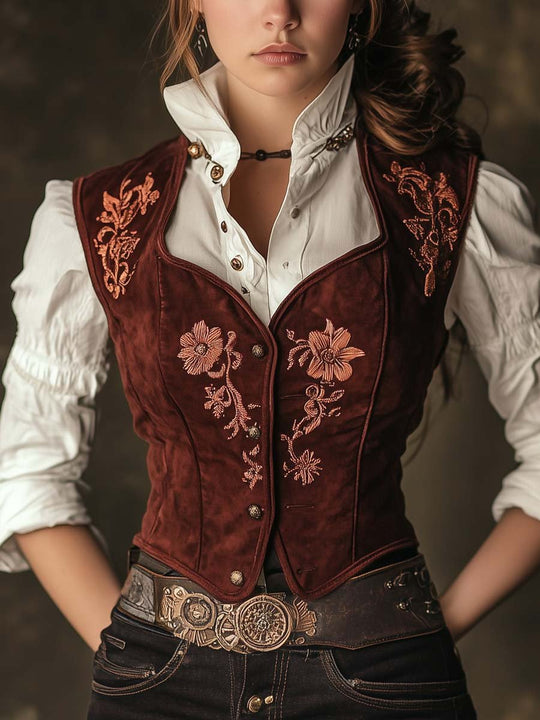 Women's Embroidered Slim Fit Suede Vest