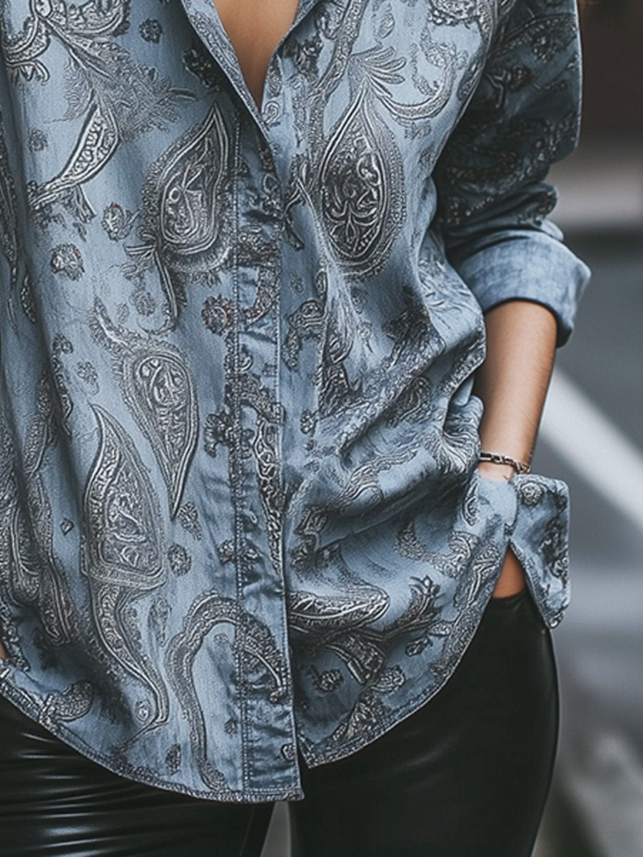 Casual Vintage Denim Perris Print Shirt