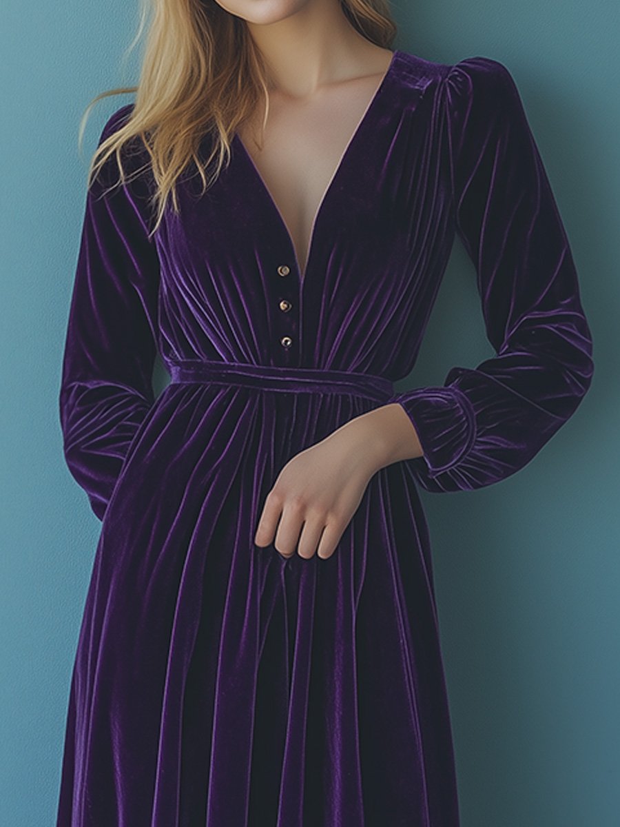 V-neck Vintage Solid Velvet Long Sleeve Maxi Dress