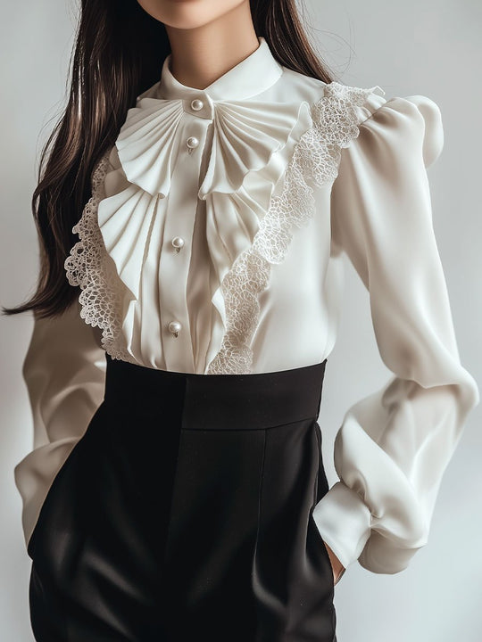 Retro Ruffled and Lace Trim Button Bown Chiffon Shirt