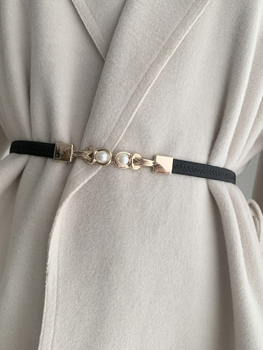 Fashion Black Elastic Pearl Buckle Belt