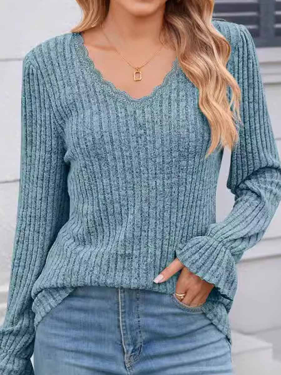 Ribbed Lace Collar Long-sleeved Bottoming Sweater