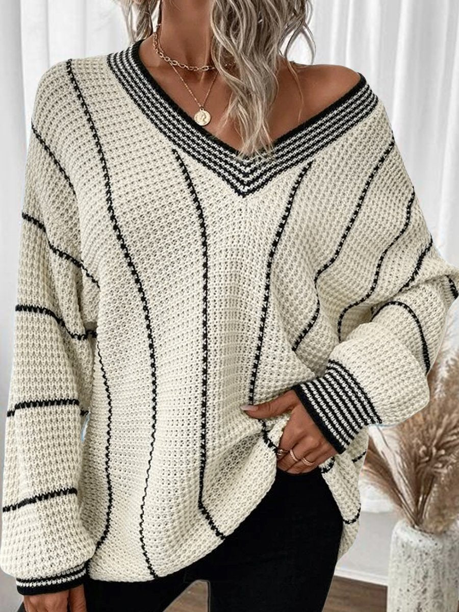 Stylish V-neck Mid-length Knit Striped Loose Sweater