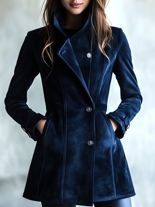 Chic Stand Collar Waist-cinched Suede Long Jacket