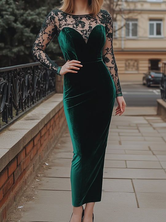 Elegant Retro Velvet Stitching Lace Slim Maxi Dress