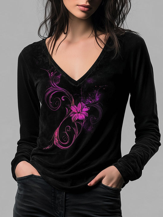 Casual V-neck Velvet Embroidered Everyday Versatile T-shirt