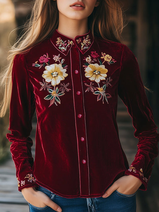 Elegant Embroidered Velvet Long-sleeved Shirt