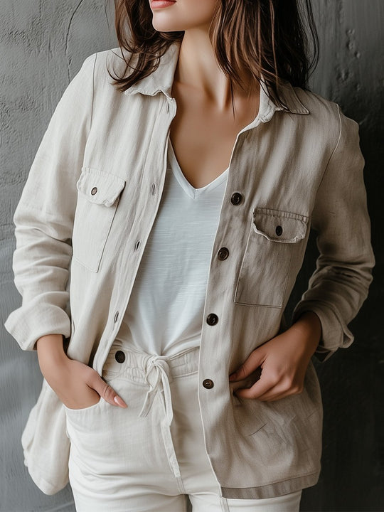 Women's Casual Cotton and Linen Solid Color Lapel Long Sleeve Jacket