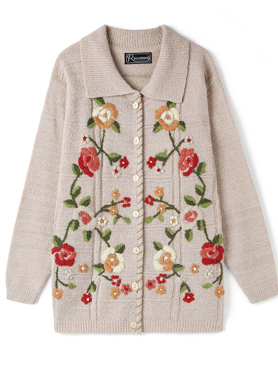 Vintage Hand-embroidered Lapel Long-sleeved Wool Cardigan