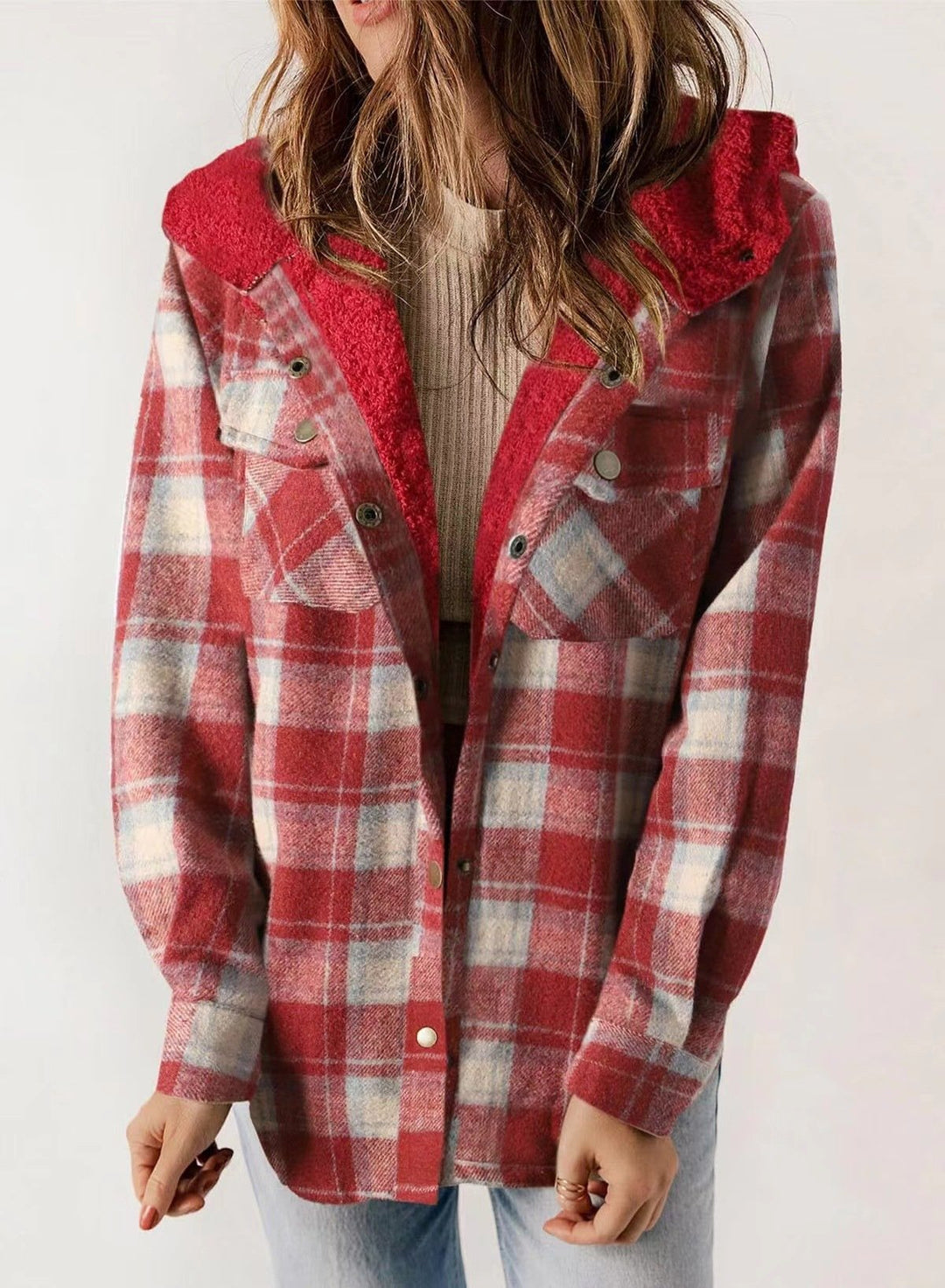 Retro Plaid Woolen Lamb Fleece Lined Thickened Hoodie Jacket