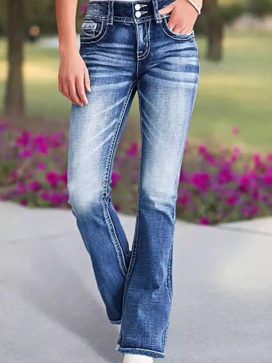 Fashionable and Versatile Elastic Embroidered Bootcut Jeans