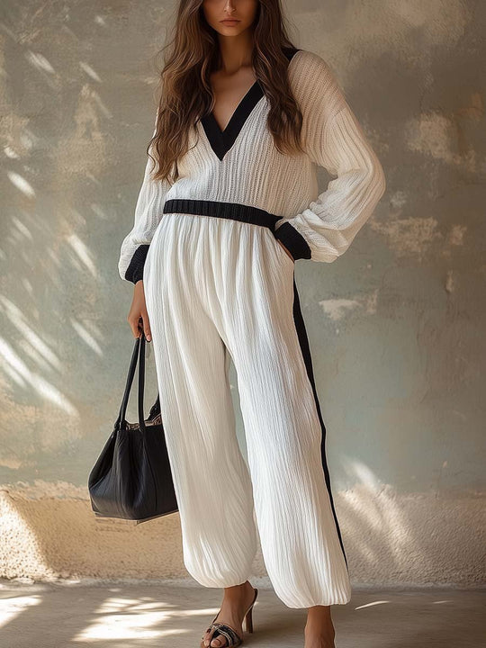 Women's Retro Oversize Knitted V neck Jumpsuit