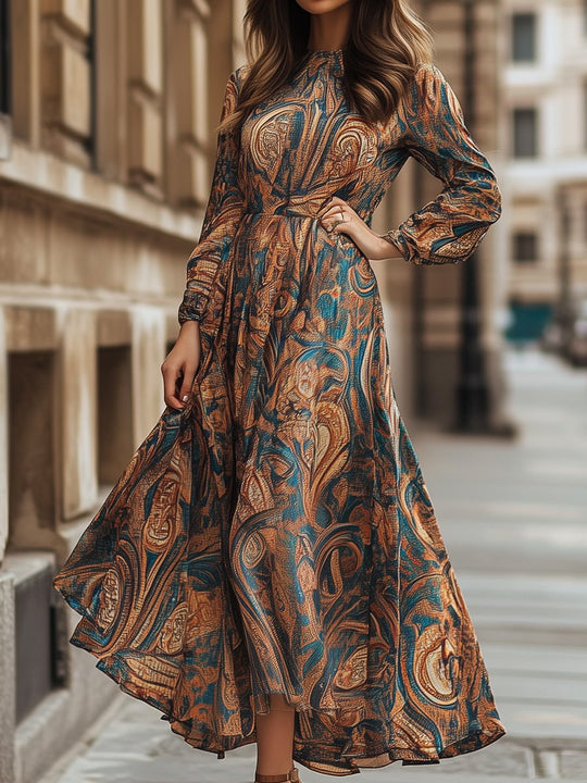 Women's Vintage Printed Round Neck Long Sleeve Maxi Dress