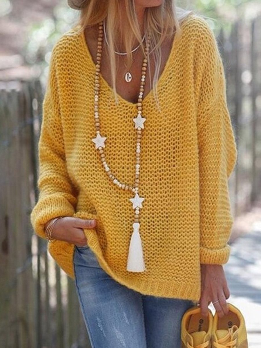 Casual Loose Long-sleeved V-neck Knitted Pullover