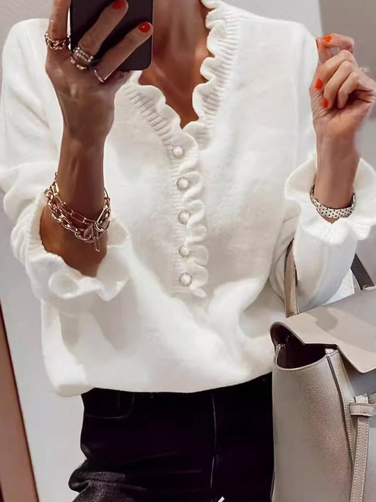 Long Sleeve Ruffled V-Neck Knit Sweater