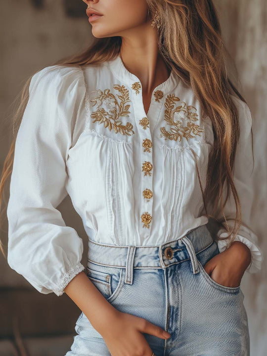 Women's Gold Embroidered Cotton Long-sleeved Blouse