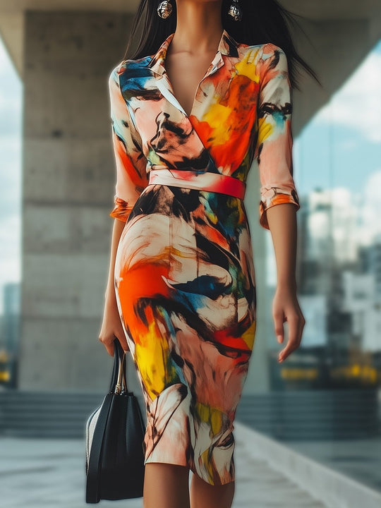 Retro Elegant V-Neck Slim Printed Midi Dress