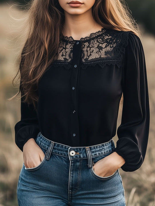 Retro Round Neck  Lace Ptachwork Long Sleeve Shirt