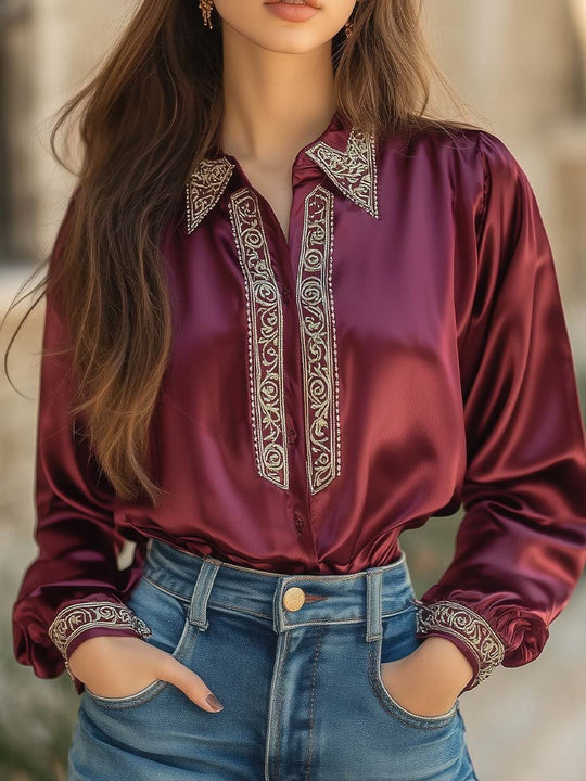 Women's Baroque Embroidery Long Sleeve Satin Shirt