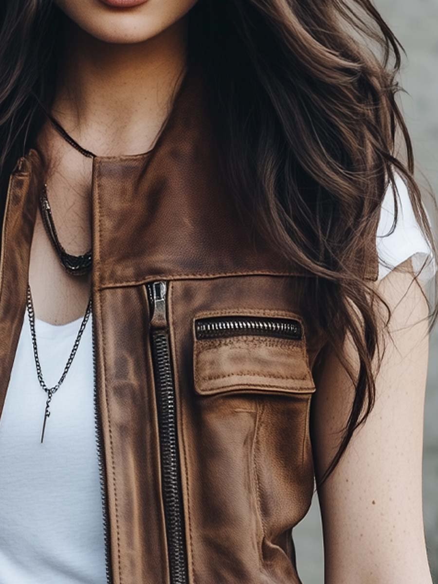 Women's Vintage Multi-Pocket Leather Waistcoat