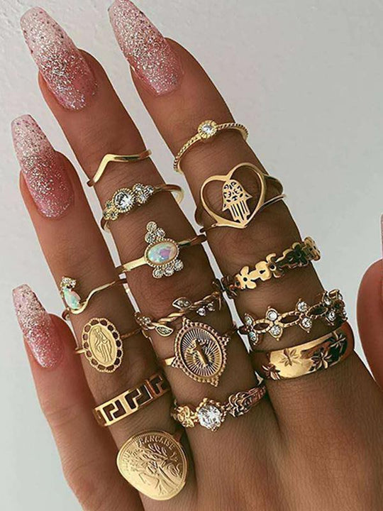 Bohemian Diamond Vintage Star Moon Crystal Ring Set