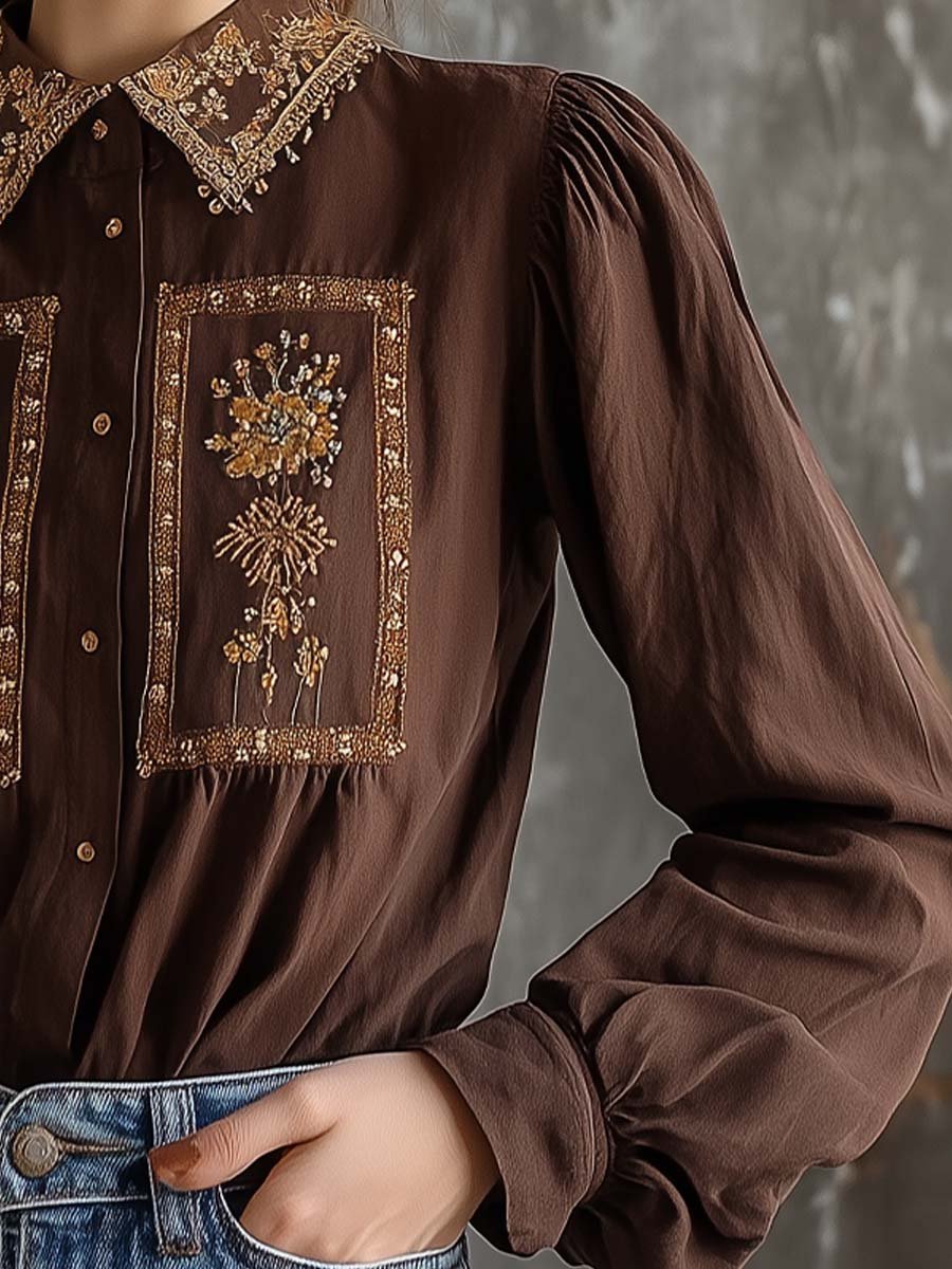 Vintage-Inspired Brown Embroidered Blouse