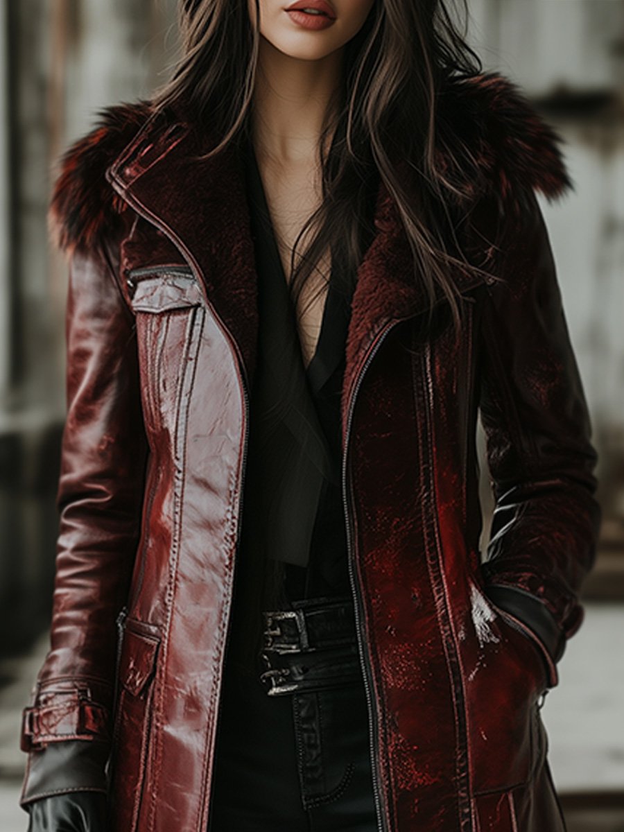 Vintage Fur Collar Zip-up Mid-length Leather Jacket