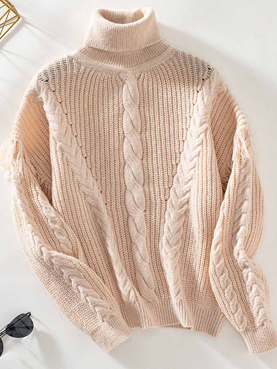 Fringed Cable Collar Long Sleeve Sweater