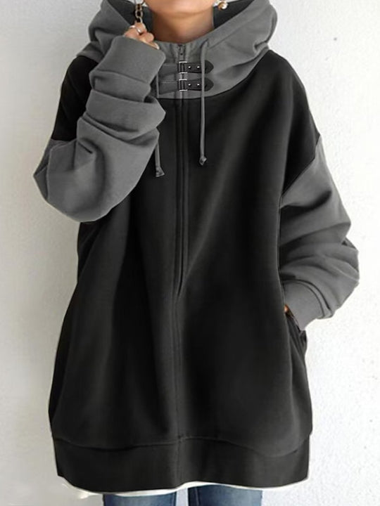 Casual Loose Patchwork Hooded Zipper Long Sleeve Sweatshirt