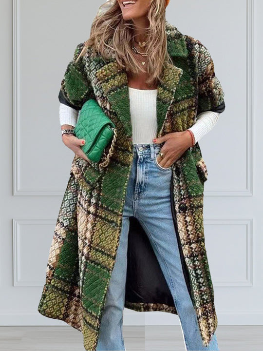 Fashion Long Sleeve Lapel Printed Woolen Long Coat