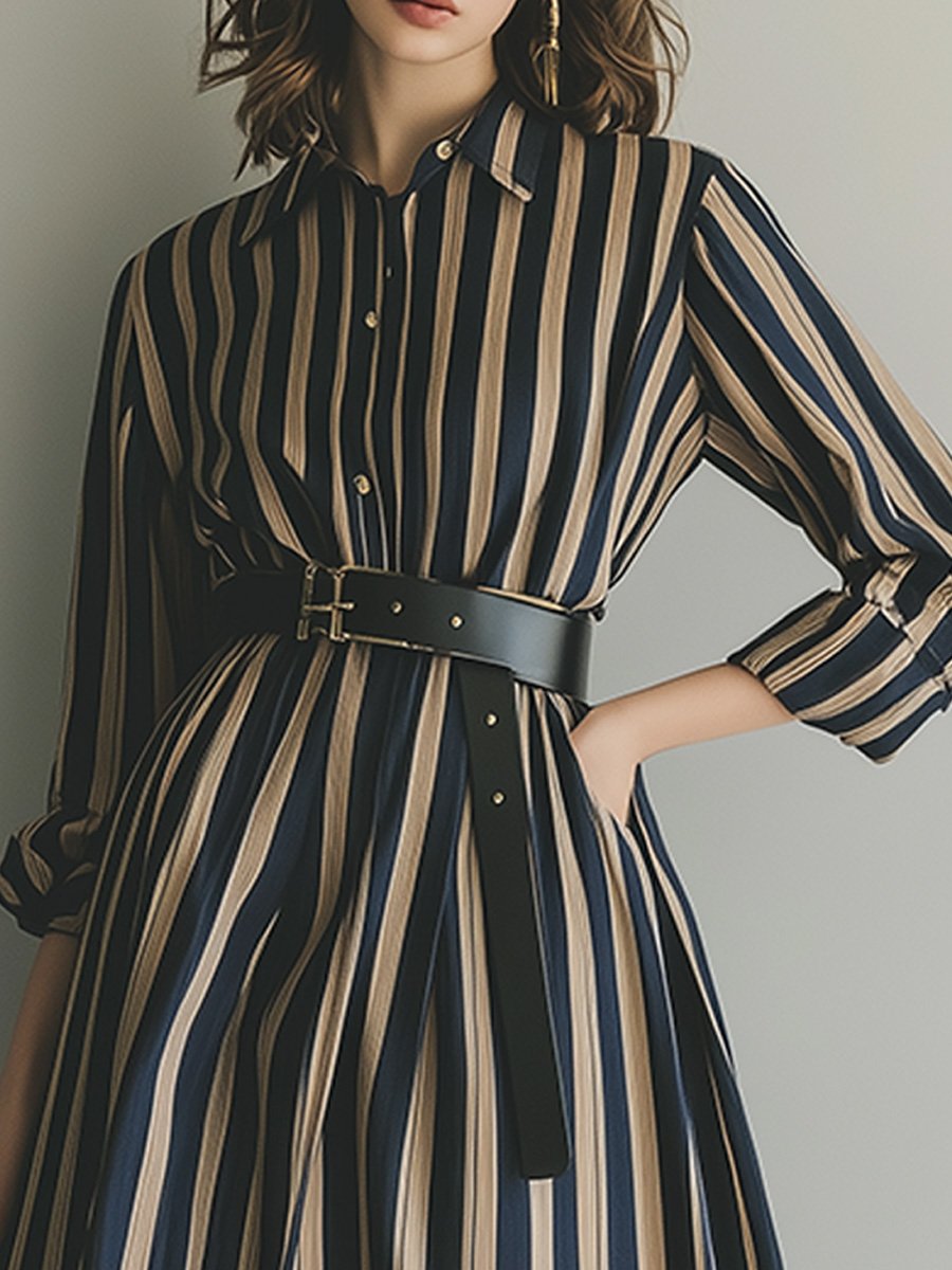 Fashion Striped Waist Long Sleeve Maxi Dress