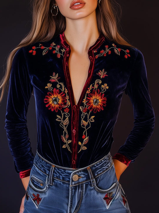 V-neck Boho Embroidery Constract Trim Velvet Shirt