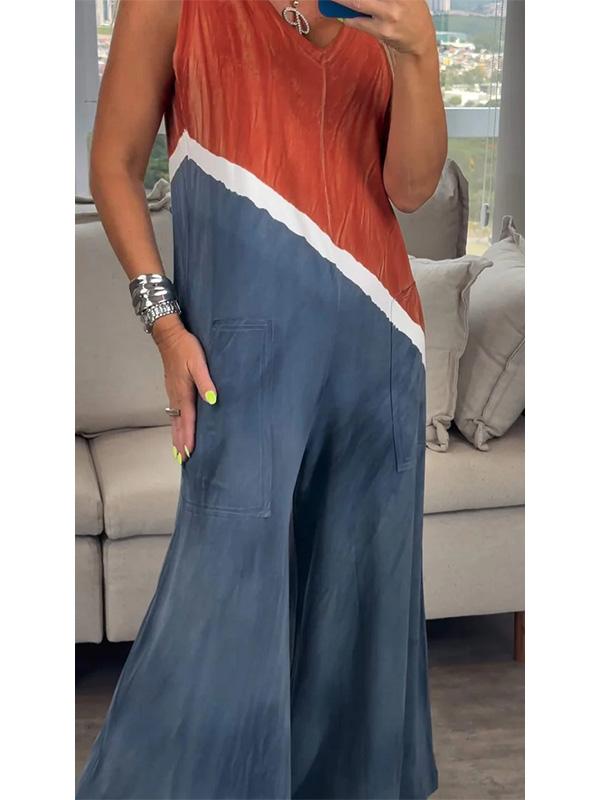 Sleeveless Contrast Tie-Dye V-Neck Jumpsuit