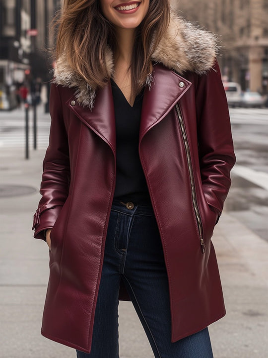 Red Casual Retro Fur Collar Mid-length Leather Jacket