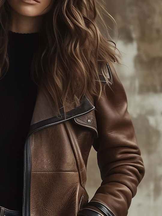 Women's Vintage Contrast Collar Leather Jacket