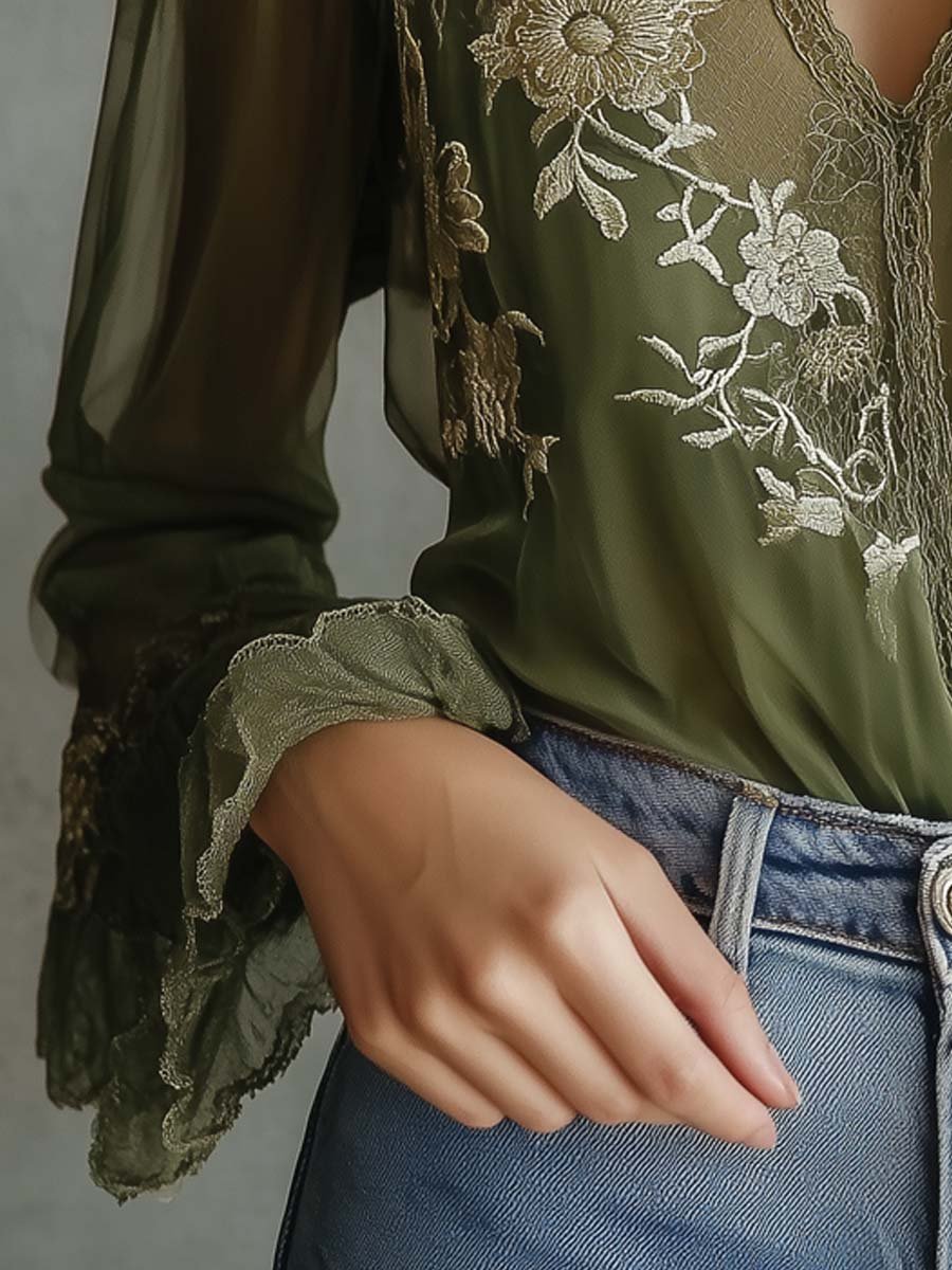 Olive Green Embroidered Lace Blouse