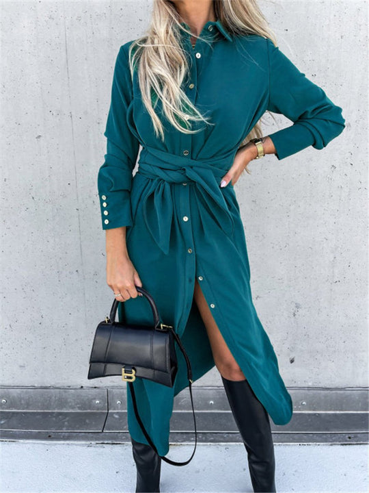 Solid Color Cardigan Long Sleeve Swing Maxi Dress