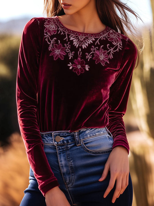 Chic Boho Round Neck Flower Embroidery Velvet Top