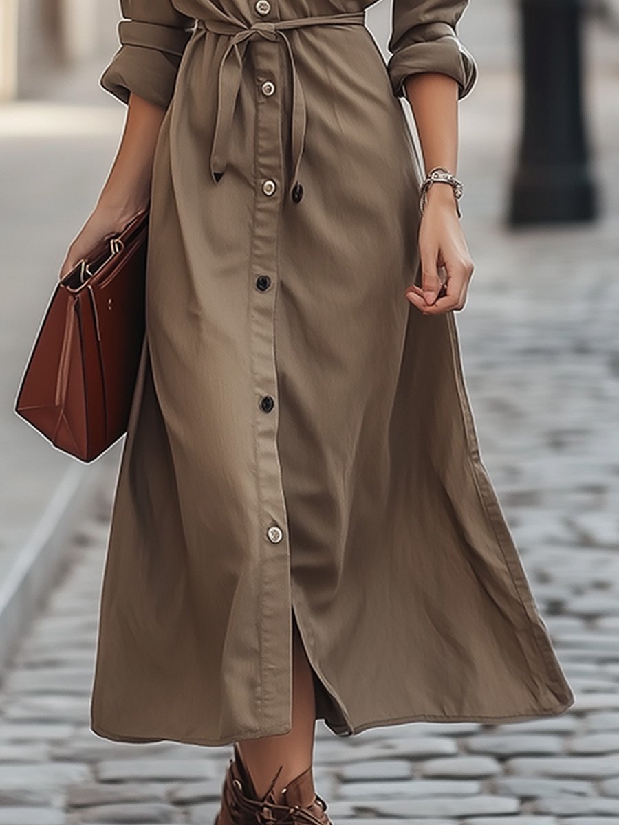 Chic Belted Trench-Style with Utility Charm Midi Dress