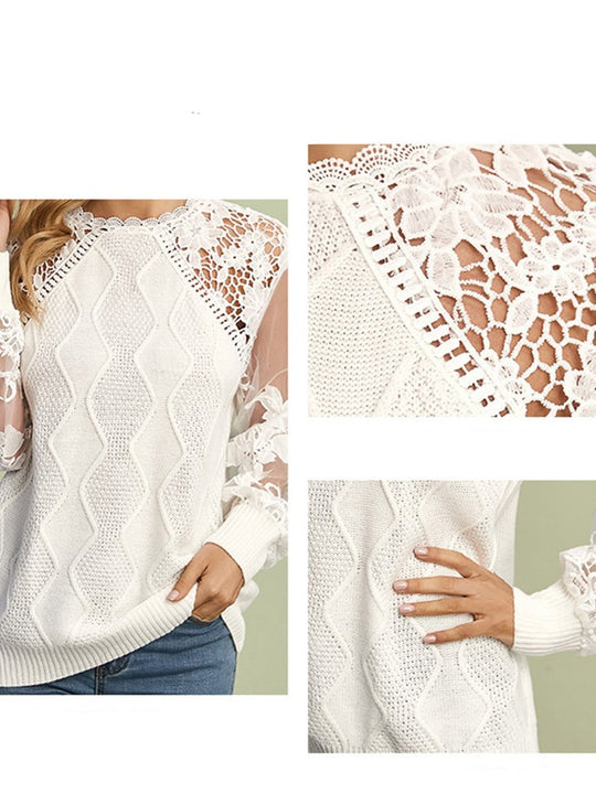 Lace Trim Mesh Crew Neck Sweater