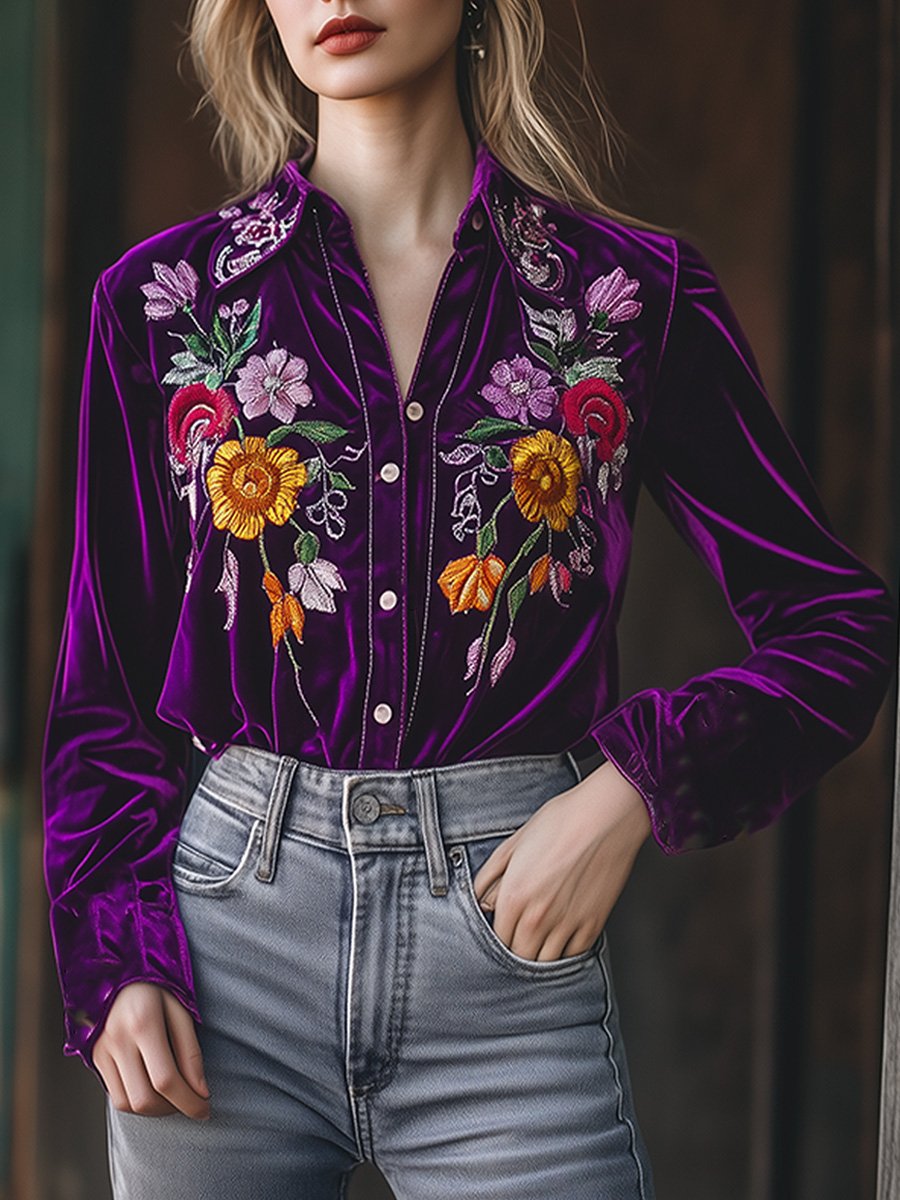 Casual Vintage Loose Velvet Floral Embroidered Shirt