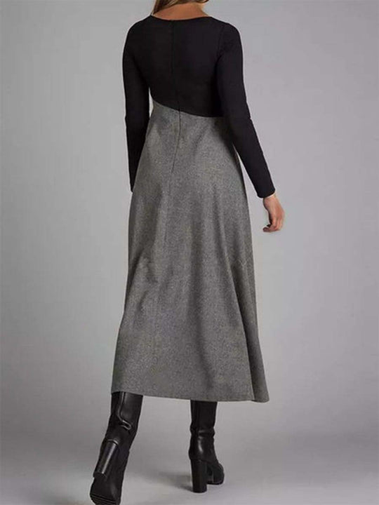 Women's Contrast Color Woolen Long-Sleeved Dress