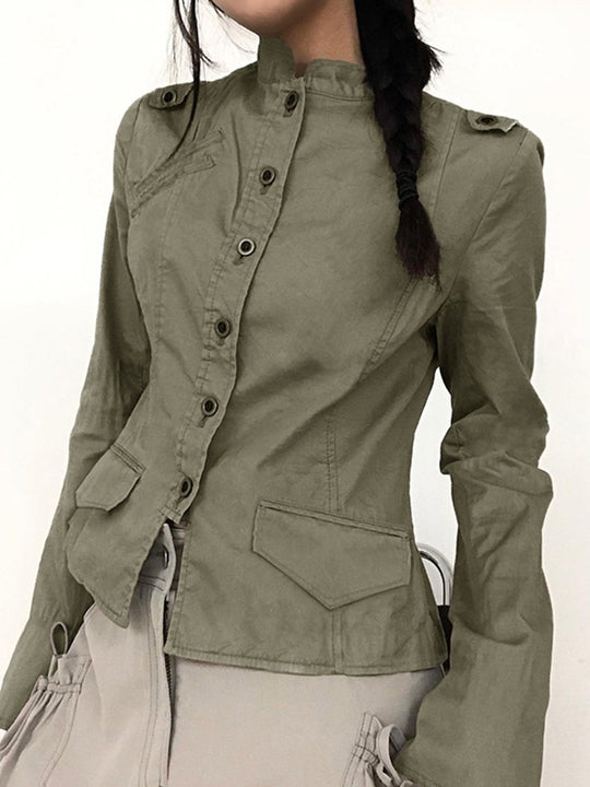 Fashionable Stand Collar Button Work Coat Jacket