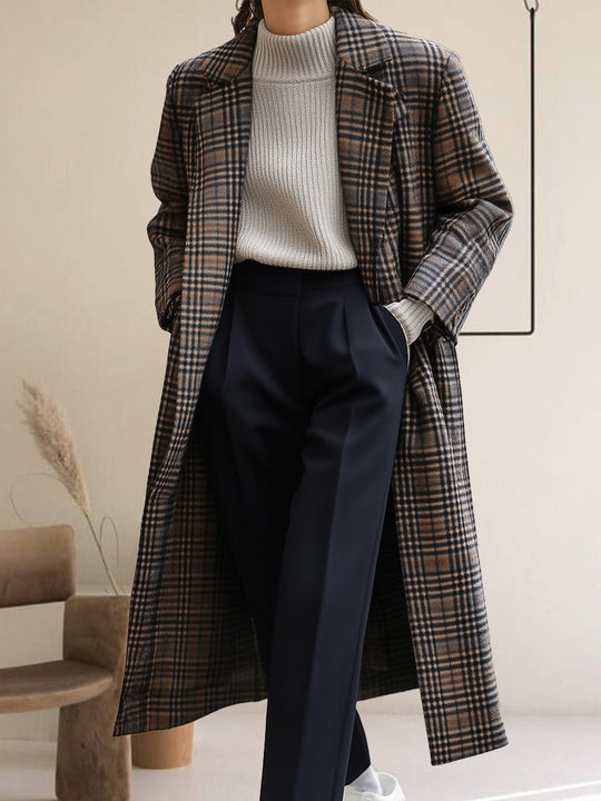 Stylish Plaid Wool Long Coat with Lapel