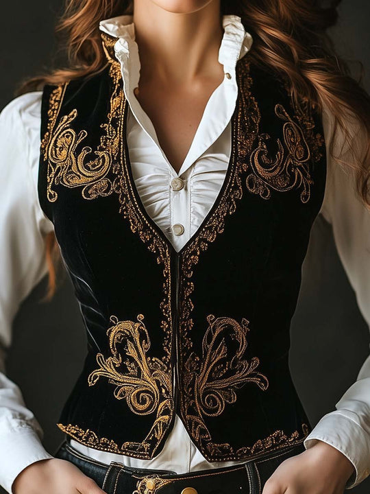 Women's Vintage Suede Gold Embroidered Vest