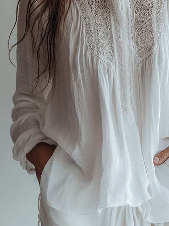 White Lace Stand Collar Linen Long Sleeve Shirt