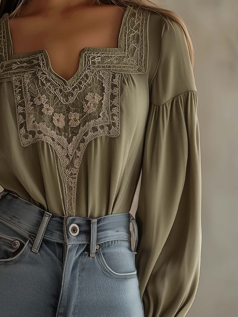 Elegant Olive Embroidered Blouse