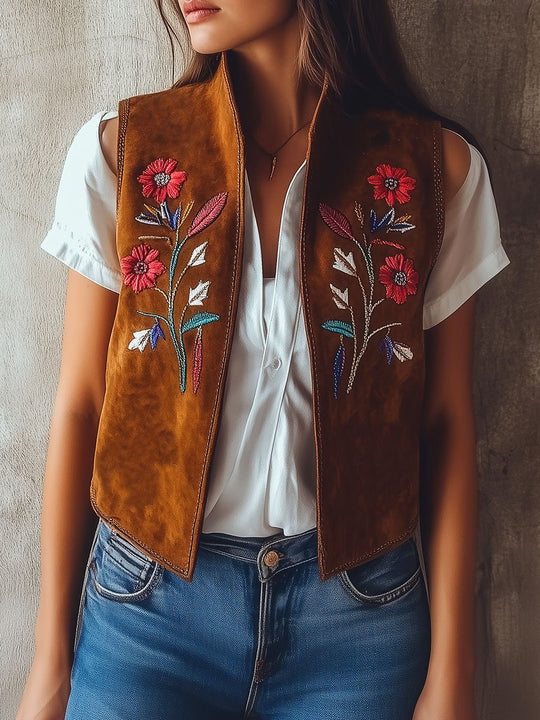 Vintage Stand Collar Flower Embroidery Suede Waistcoat