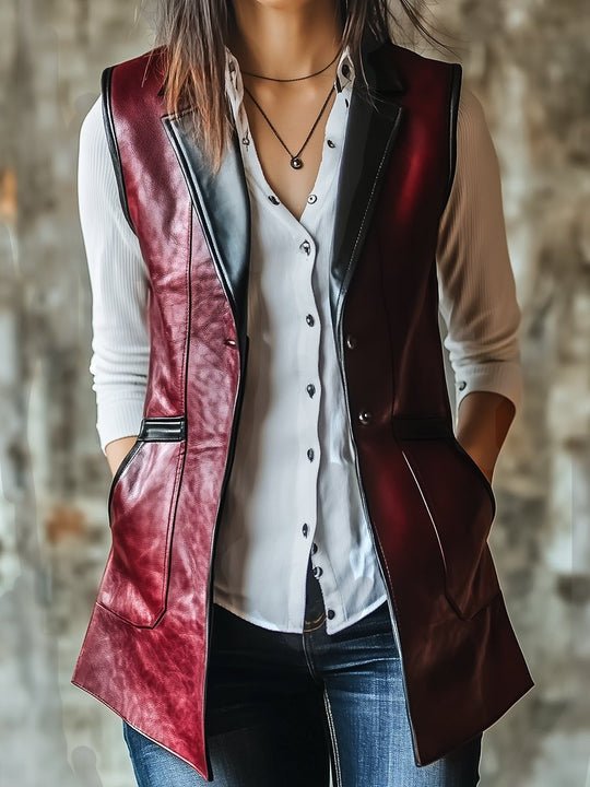 Chic Color-blocking Mid-length Leather Vest