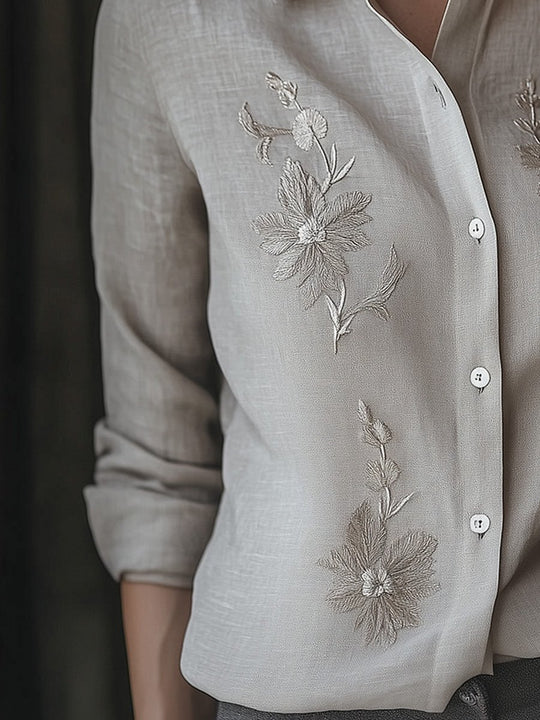 Casual Linen Embroidered Long Sleeve Shirt